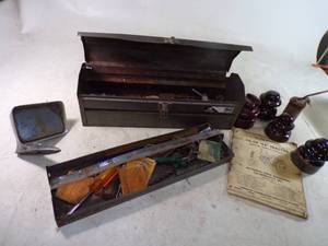 lot 136 image: Vintage Co-Op E3 Tractor manual,  Tool Box with Tools, Brown Insulators, Oil Can and More