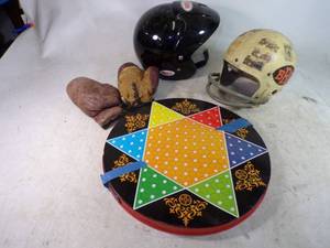 lot 160 image: Vintage Boxing Gloves, Football Helmet, Bell Helmet, and Chinese Checker game Marbles Included