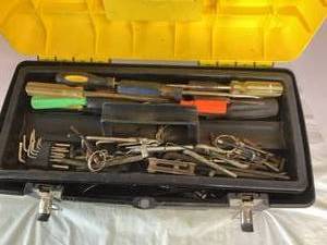 Yellow and Black Tool Box Full of Wrenches, Screwdrivers, Allen Wrenches