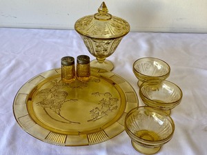 lot 22 image: Yellow Depression Cake Plate, Candy Dish and Sherbet (Pattern is Sharon)