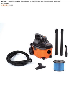 RIDGID 4 Gallon 5.0-Peak HP Portable WetDry Shop Vacuum with Fine Dust Filter, Hose and Accessories. See Pictures