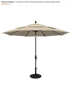 Unbranded Patio Umbrella Base in Black & California Umbrella 11 ft. Aluminum Collar Tilt Double Vented Patio Umbrella in Beige Pacifica. See Pictures