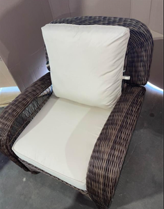 Hampton Bay Wicker Outdoor Chair with Beige Cushions & Beacon Park Side Table with Slat Top. See Pictures