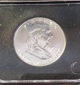 lot 12 image: 1961 PROOF FRANKLIN SILVER HALF DOLLAR BLACK SLAB