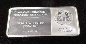lot 30 image: 500 grains (1.04 TROY OZ) .925 STERLING SILVER ART BAR NOAH WEBSTER