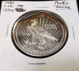 lot 35 image: 1981 PRE SILVER EAGLE 1 TROY OZ .999 FINE SILVER AMERICAN EAGLE NICELY TONED