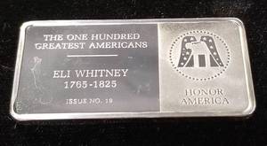 lot 37 image: 500 grains (1.04 TROY OZ) .925 STERLING SILVER ART BAR ELI WHITNEY