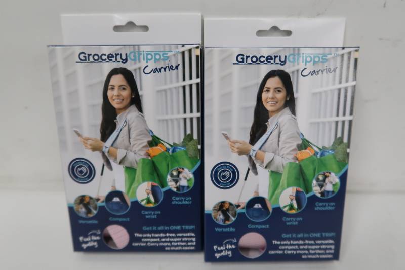 lot 347 image: Grocery Gripps Carrier  The Ultimate Hands-Free Grocery Bag Carrier Strap  Pink - 2 Pack