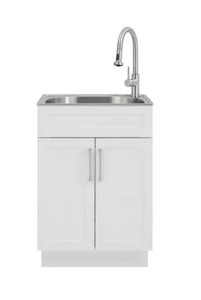 lot 209 image: Glacier Bay All-in-One 24.125 in. x 21.375 in. x 35 in. Stainless Steel Laundry Sink with Faucet and White Storage Cabinet