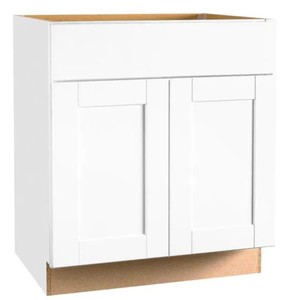 lot 214 image: Hampton Bay Shaker Satin White Stock Assembled Base Kitchen Cabinet with Ball-Bearing Drawer Glides (30 in. x 34.5 in. x 24 in.)