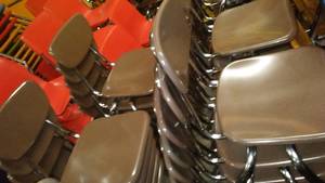 Tan Hard Plastic and Chrome Chairs (27)