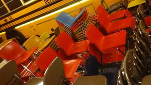 Hard Plastic and Chrome Chairs some with Book Storage, Some stackable (50)