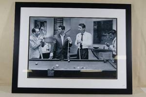 lot 14 image: Larged Framed Black and White Photo of The Rat Pack at a Pool Table