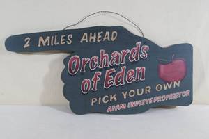 lot 45 image: Cut Wood Adam and Eve Apple Orchard Novelty Sign