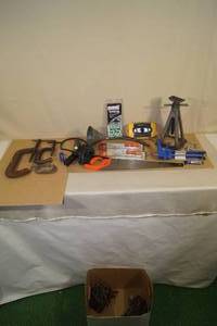 lot 171 image: Assorted Tools - Jack Stand, Saw, Clamps, Chains