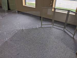 3 Plexiglass Sneeze Guards. 1 has a...