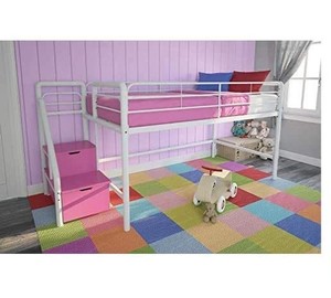 lot 35 image: DHP Junior Twin Metal Loft Bed with Storage Steps, Space-Saving Solution, Multifunctional, White with Pink Steps & Princess Castle Design Curtain Set for Junior Loft Bed, Kids Furniture, Pink, 5512098.