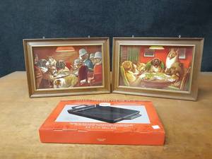 Pair of 1970s Dogs Playing Poker Pictures (16.5 x 11.5) and New in Box Ceramic Grill