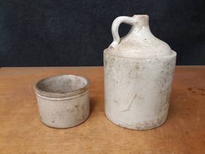 Lot of (2) Antique Stoneware Jug and Crock - Jug is about 13 Tall