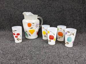 Vintage Hand Painted Glass Pitcher with 5 Matching Glasses