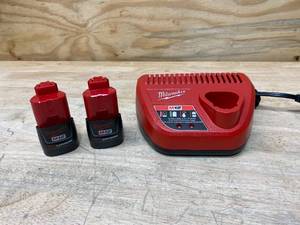 lot 13 image: MILWAUKEE M12 12-Volt Lithium-Ion Battery Charger with 2- M12 12-Volt Lithium-Ion Compact Battery Packs (1.5Ah)
