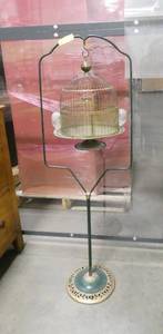 Vintage Brass Hendryx Bird Cage with Hanger including 2 original glass feeders. In very nice condition.