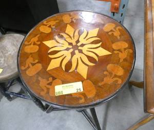 Vintage Handmade wood inlay side table with very interesting 3 legged support 25 tall