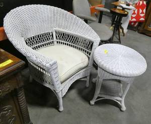 Wicker chair and table in good condition. Clean or replace the cushion and you have a nice set.