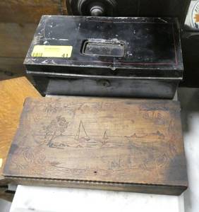 wood cigar box and a metal coin box