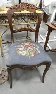 Vintage wood upholstered chair, great design and detail, clean or replace the upholstery and you have an awesome chair