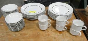 A classic set of English Ironstone Silver Elegance white with silver trim china.