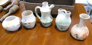 Group of 5 smaller size Nemadji Indian pottery including a wedding vase and pitcher, 4-6