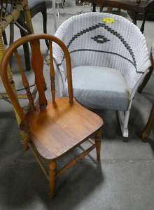 2 childrens chairs, rattan rocker and wood chair
