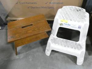 2 step stools, one wood and one plastic