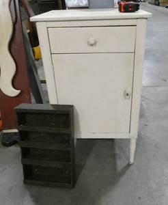Vintage tin cabinet (34x20x16) and wood shelf
