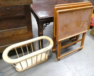 3 wood tv trays and magazine rack