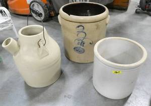 3 ceramic crocksjugs - the 3 gallon crock has a big chip on the top otherwise these are in good condition