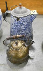 Vintage Enamel coffee pot and brass tea pot