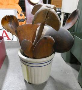 Nice crock pottery full of vintage wood kitchen tools