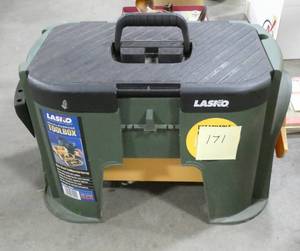 Lasko toolbox full of tools, latch is missing