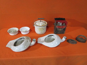 Vintage Porcelain Bed Pans & Pots, Irons, Travel Drink Case
