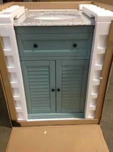 Home Decorators Hamilton Shutter 25 in. W x 22 in. D Bath Vanity in Sea Glass with Granite Vanity Top in Grey not used see pictures