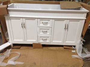 Home Decorators Ashburn 60 in. W x 21.75 in. D Vanity Cabinet in White damaged in back see pictures customer returns