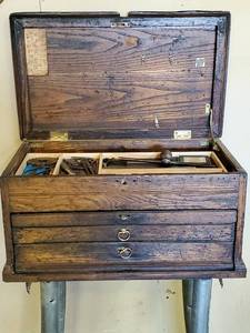 lot 30 image: Vintage Wooden Tool Box with Contents on a Metal Fabricated Stand