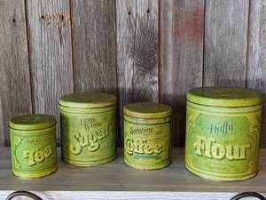 lot 43 image: Fluffy Brand Ballonoff Tin Canister Set of 4 - Flour Sugar Coffee Tea