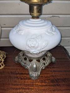 lot 118 image: Pair of Milk Glass Lamps on Metal Bases
