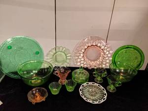 lot 145 image: Assorted Pink & Green DepressionVaseline Glass