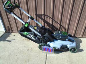 E-Go 56 volt variable speed lawn mower with led lights. Appears new & unused. Mower only. No battery or charger. As shown.
