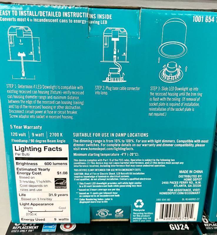Lot of 4 EcoSmart 4in Downlight White Integrated LED Recessed Trim GU24