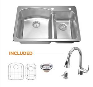 All-in-One Dual Mount Stainless Steel 33 Double Bowl Kitchen Sink Kit w Faucet